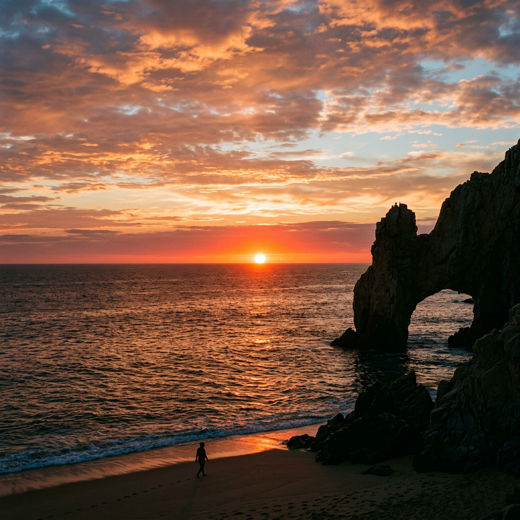 Lone person walking on beach beneath sunset beside a coastal rock arch