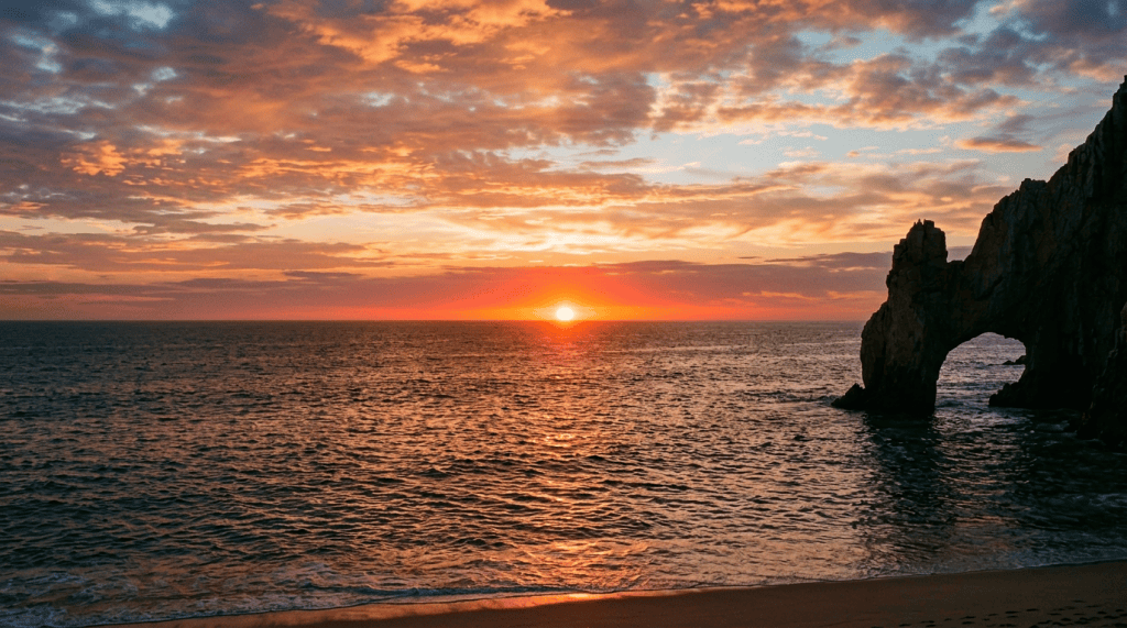 Lone person walking on beach beneath sunset beside a coastal rock arch