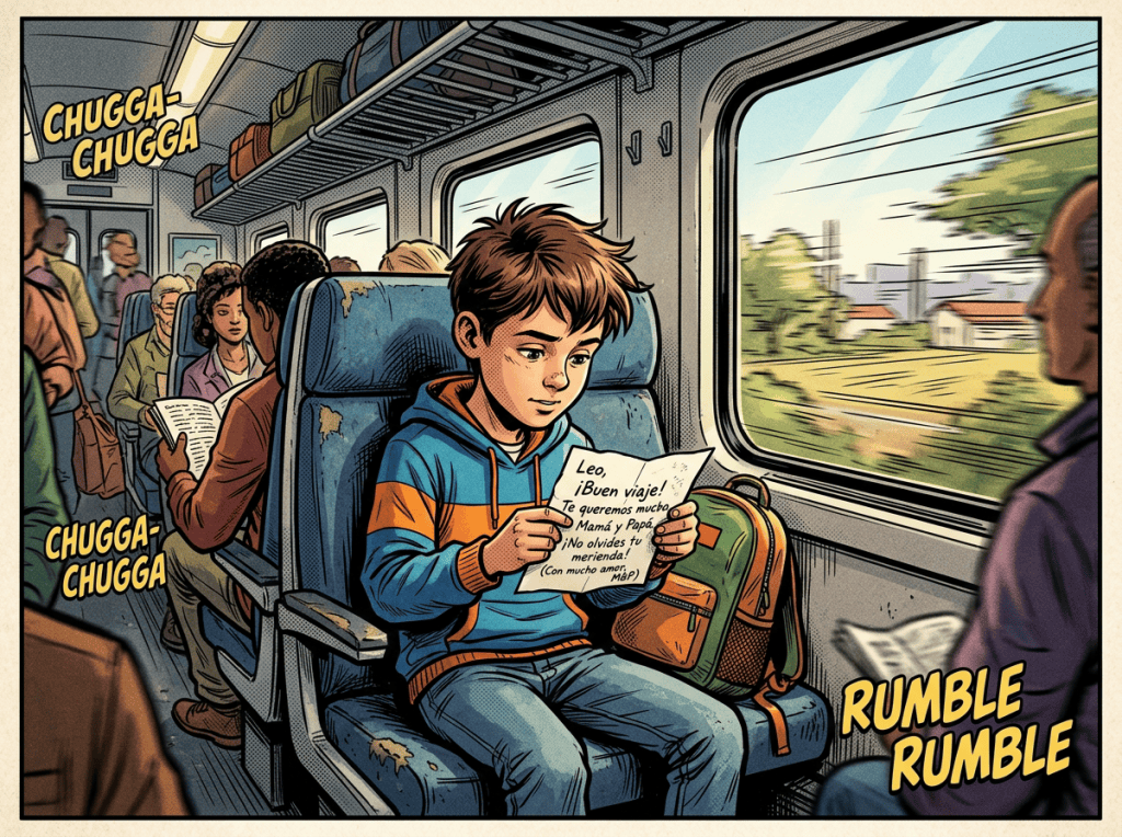 Comic train scene with text: “CHUGGA-CHUGGA,” “CHUGGA-CHUGGA,” “RUMBLE RUMBLE,” and “Leo, ¡Buen viaje! Te queremos mucho. Mamá y Papá. ¡No olvides tu merienda! (Con mucho amor, MBP).”